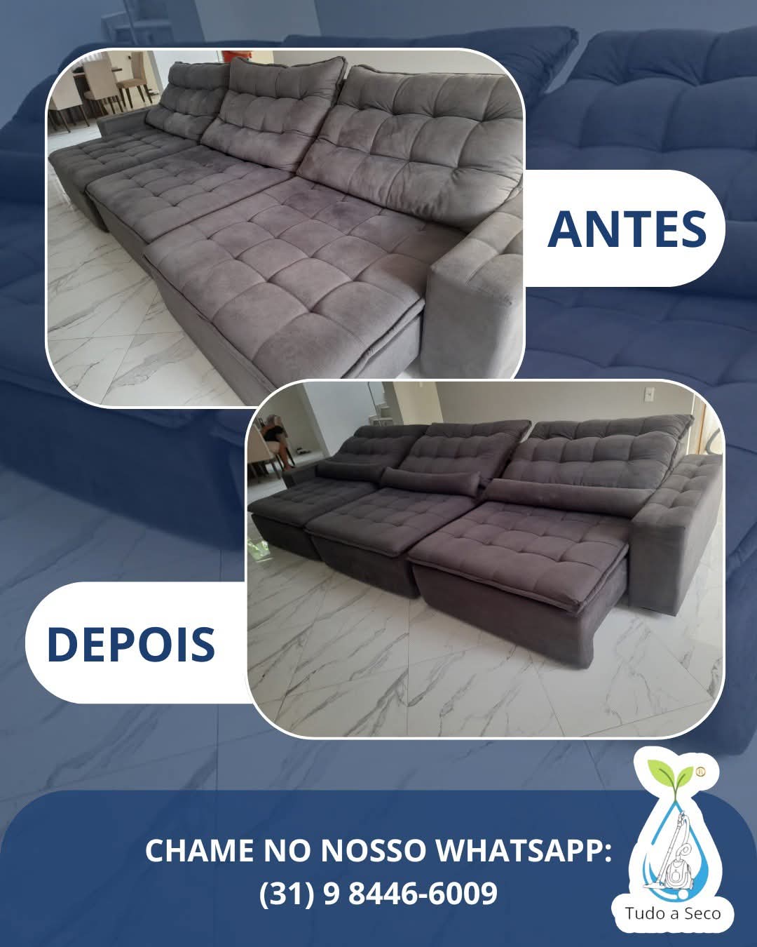 Antes e depois de sofá escuro higienizado