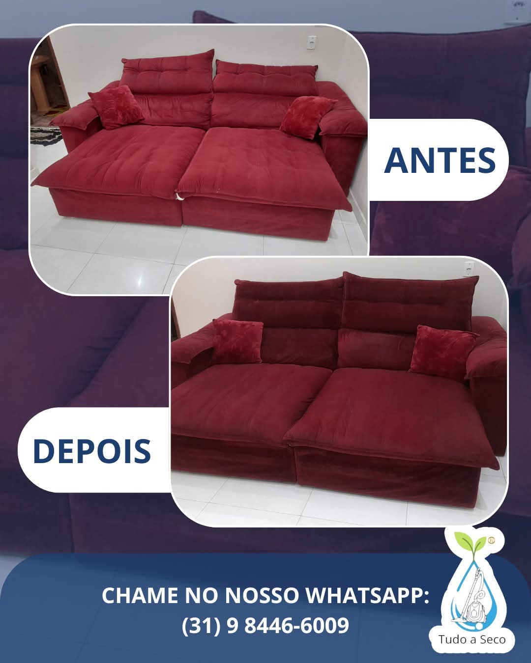Antes e depois de sofá vermelho higienizado